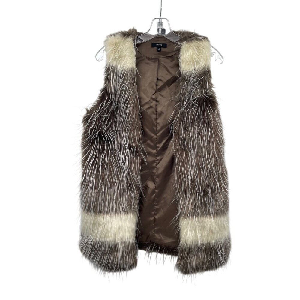 Very J Womens Faux Fur Vest Brown/Cream Hook & Eye Size Small Pockets